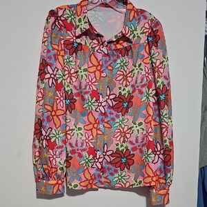 SHEIN Colorful Floral Button-Up Blouse Sz Large Floral Long Sleeve